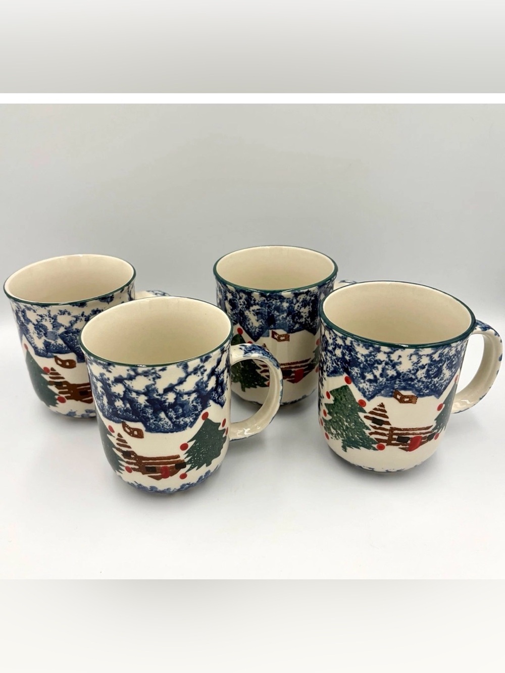 Folk Craft Tienshan, Country Cabin in the Snow Coffee Mugs, Blue Spongeware 4-pc